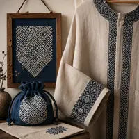 Ejemplos de prendas y paneles decorativos realizados con bordado japonés Kogin