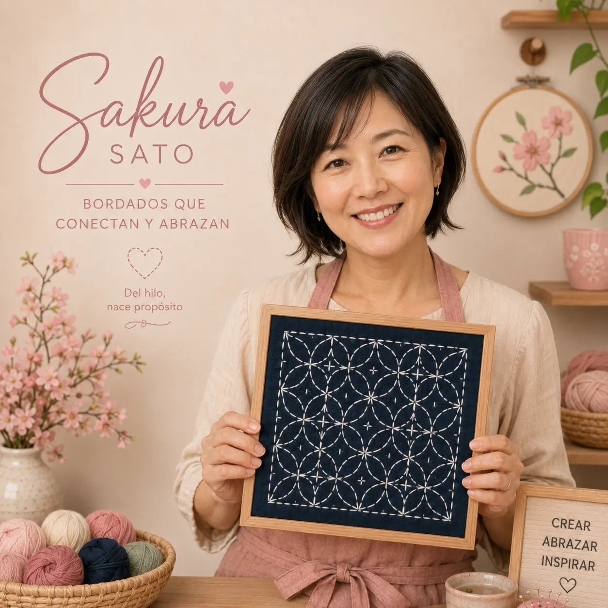 Sakura Sato mostrando una pieza de bordado japonés