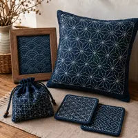 Ejemplos de cojines y accesorios realizados con bordado japonés Sashiko