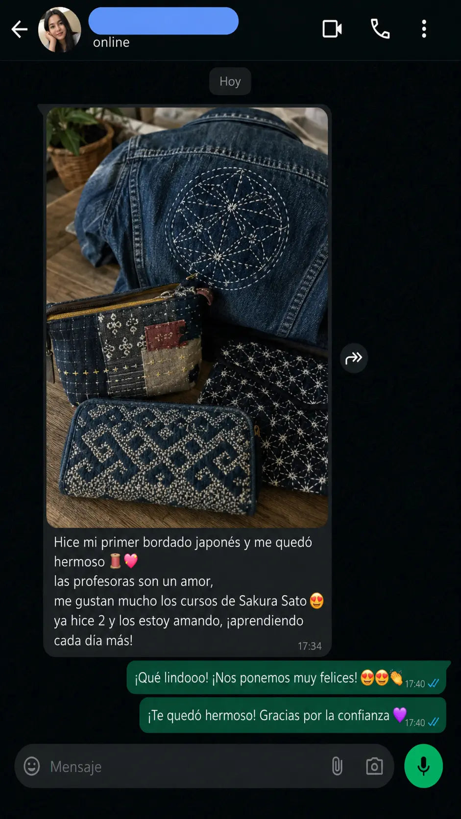 Testimonio de una alumna que comenzó a crear y vender piezas de bordado japonés