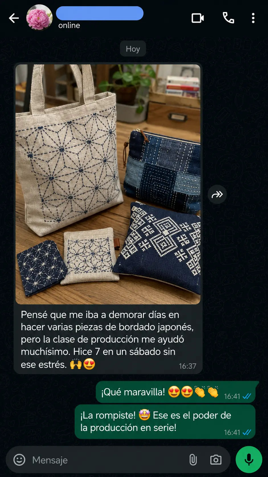 Testimonio de una alumna mostrando sus primeras piezas de bordado japonés